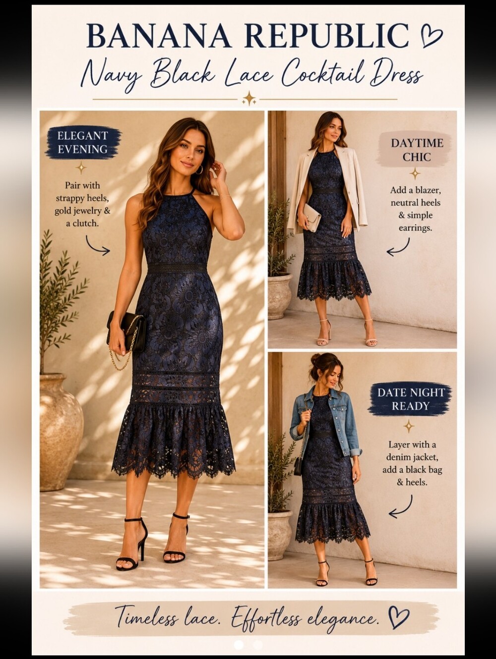 Banana Republic ~ Navy Black Lace Floral Halter Midi Cocktail Dress Size 4